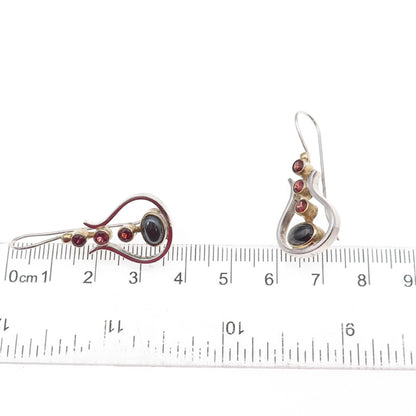 925 Sterling Silver 2-Tone Vintage Real Hematite & Red Garnet Modernist Earrings