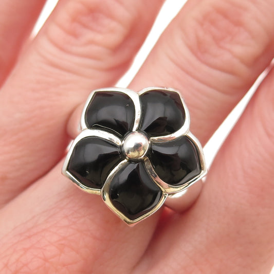 925 Sterling Silver Vintage Real Black Onyx Plumeria Floral Ring Size 8