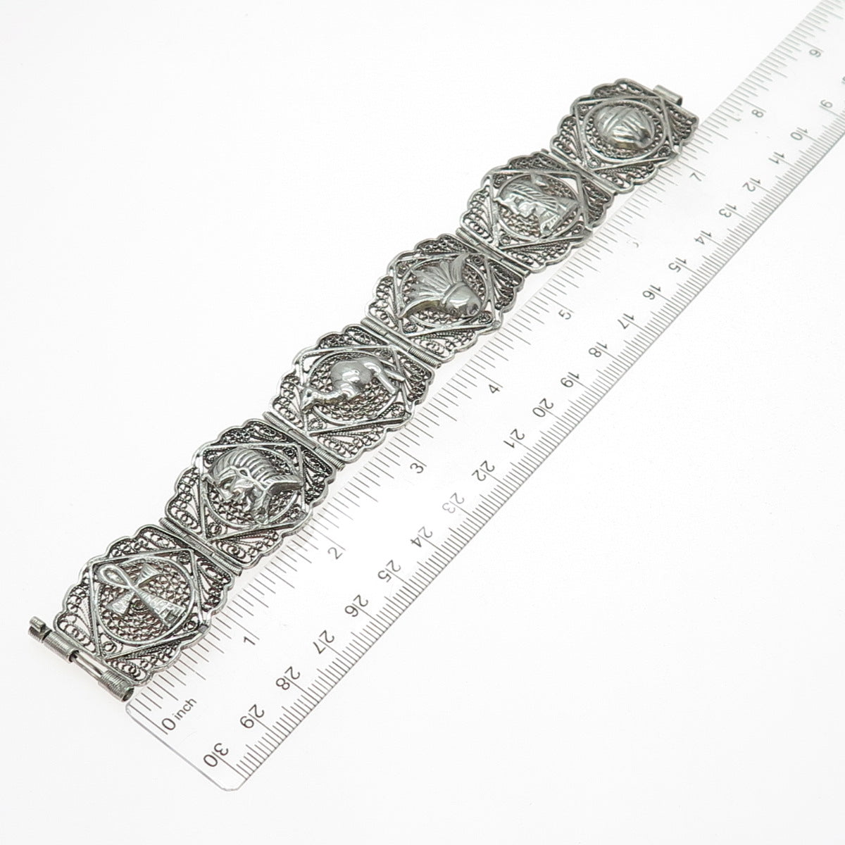 800 Silver Vintage Egyptian Symbols Filigree Oxidized Panel Link Bracelet 7.5"