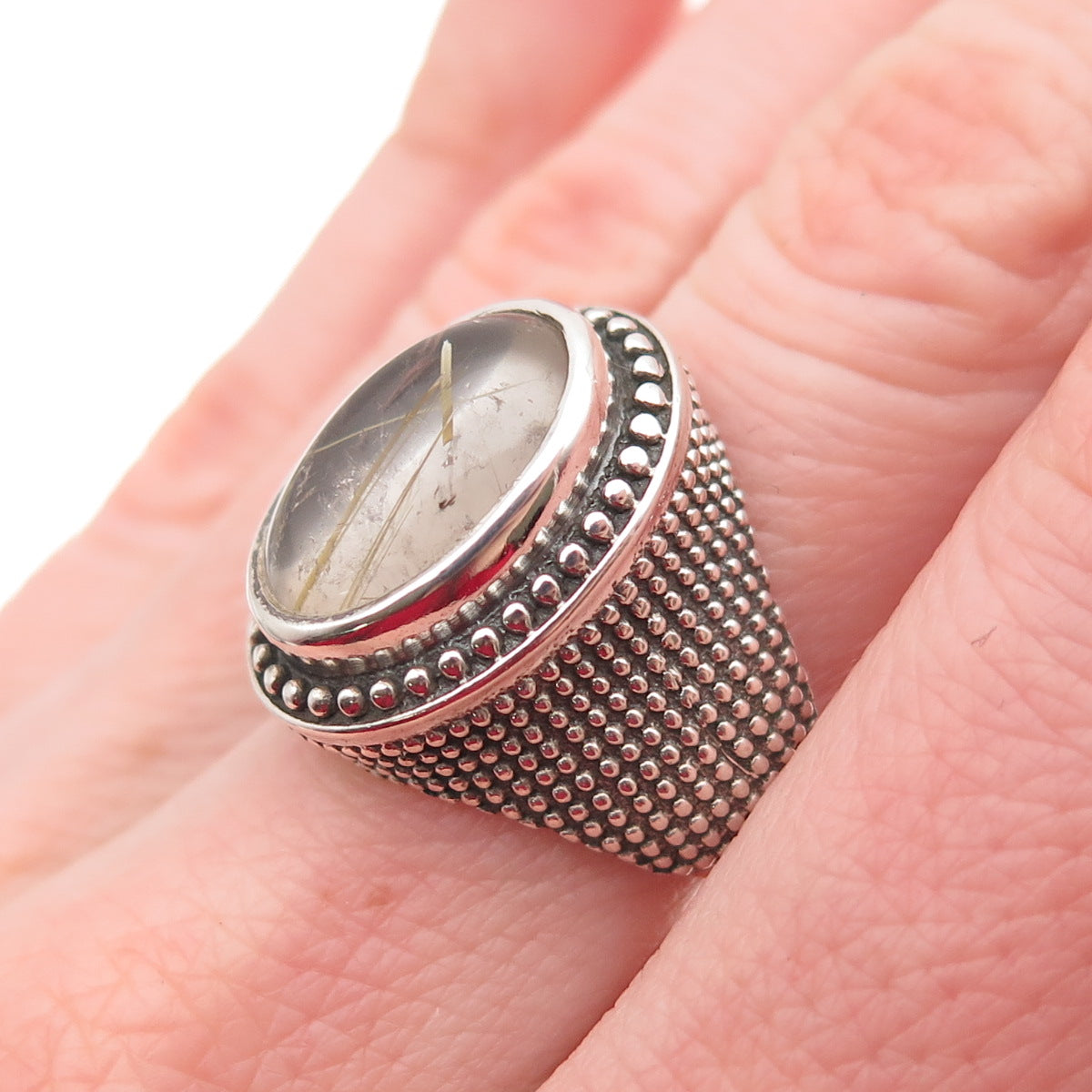 925 Sterling Vintage Real Rutilated Quartz Granulated Oxidized Ring Size 7