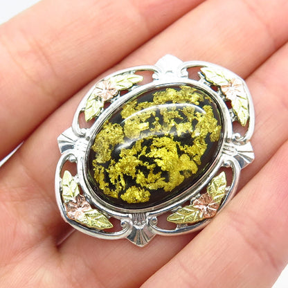 925 Sterling Silver / 12K Gold Vintage Gold Flakes Leaf Ornate Pin Brooch