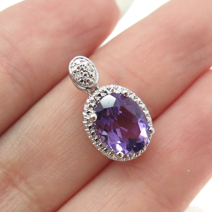 SAI 925 Sterling Silver Real Round-Cut Diamond & Amethyst Minimalist Pendant