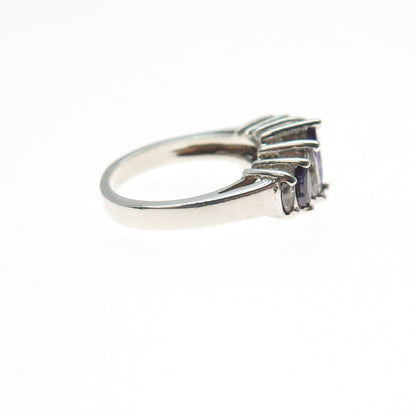 925 Sterling Silver Real Marquise-Cut Amethyst & C Z Ring Size 6