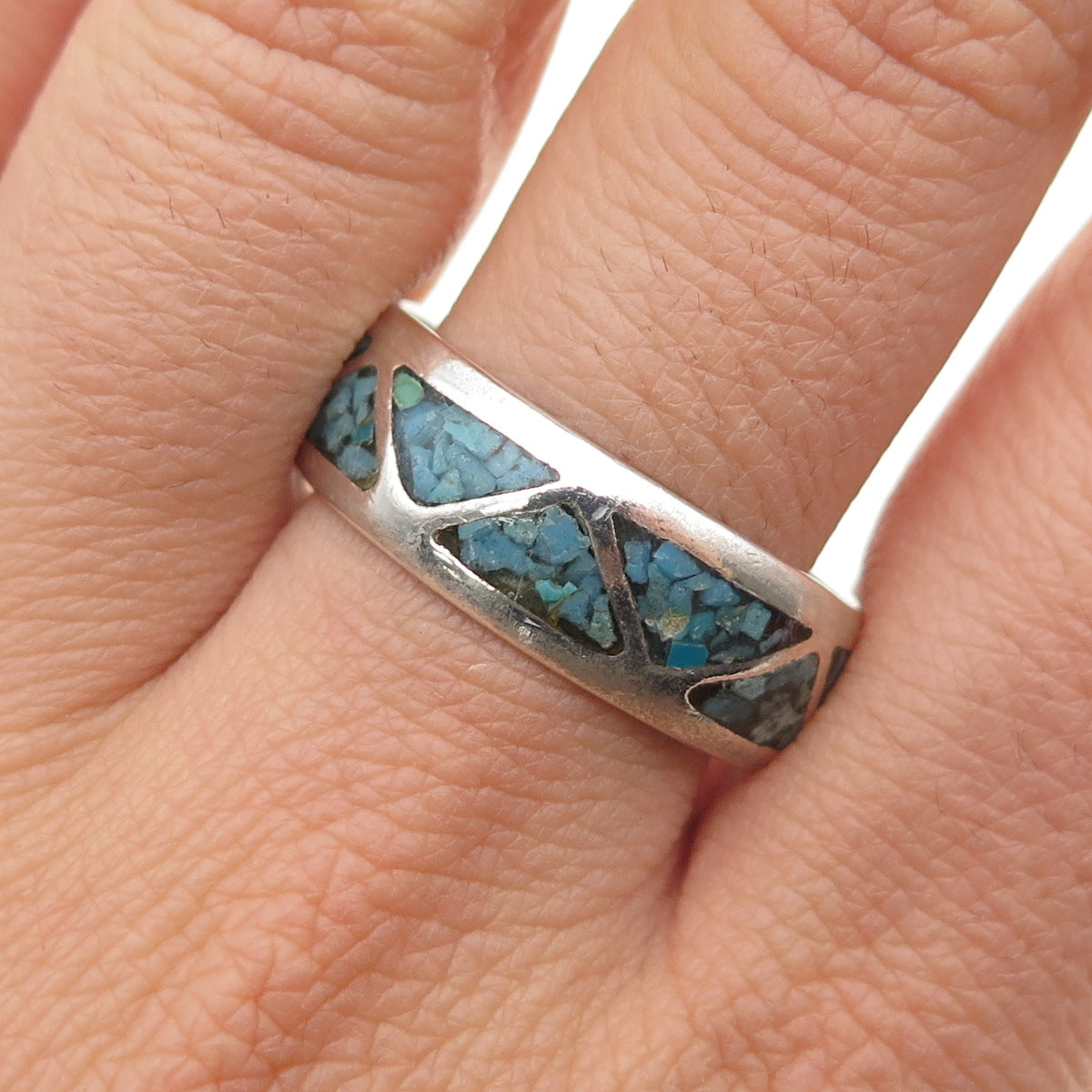 Old Pawn 925 Sterling Silver Vintage Turquoise Inlay Tribal Band Ring Size 12.25