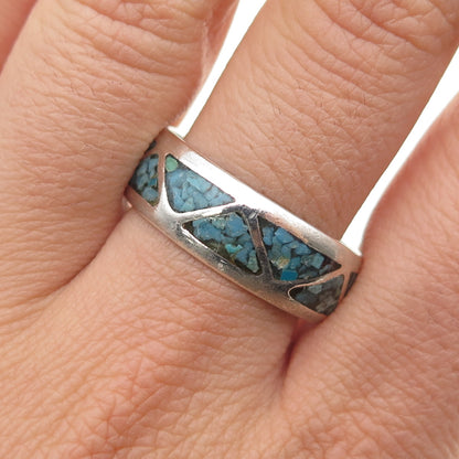 Old Pawn 925 Sterling Silver Vintage Turquoise Inlay Tribal Band Ring Size 12.25