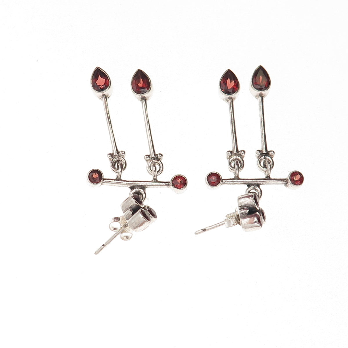 925 Sterling Silver Vintage Real Red Garnet Modernist Dangle Earrings