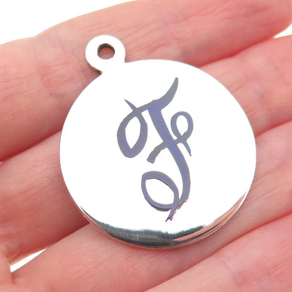 800 Silver Vintage Italy Enamel Letter F Initial Round Tag Charm Pendant