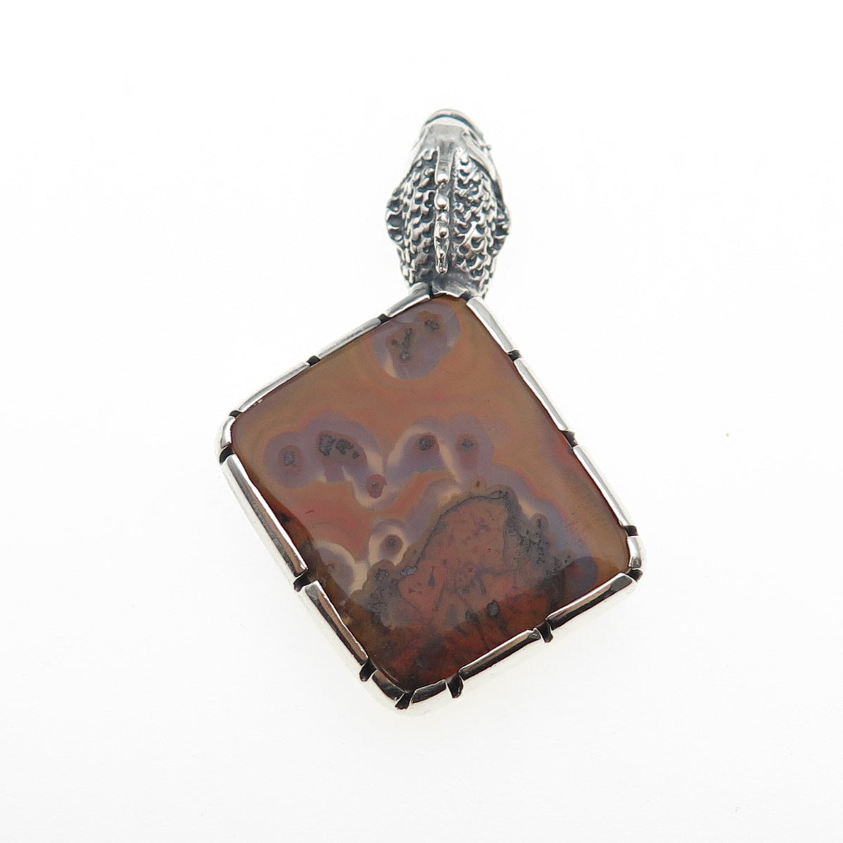 925 Sterling Silver Vintage Real Crazy Lace Agate Dragon Oxidized Slide Pendant