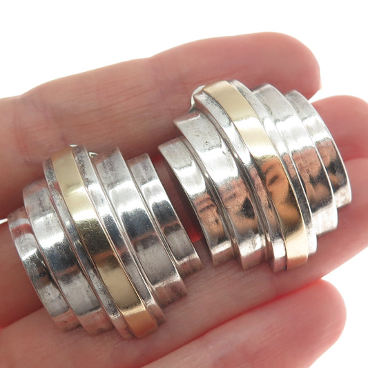 14K Gold & 925 Sterling Silver Vintage Modernist Oxidized Clip On Earrings