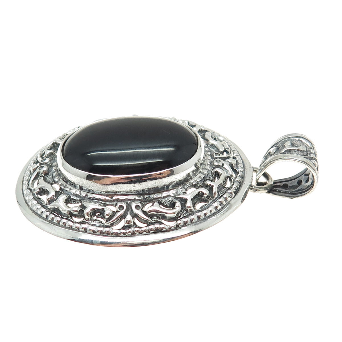 925 Sterling Silver Vintage Real Black Onyx Gemstone Ornate Pendant