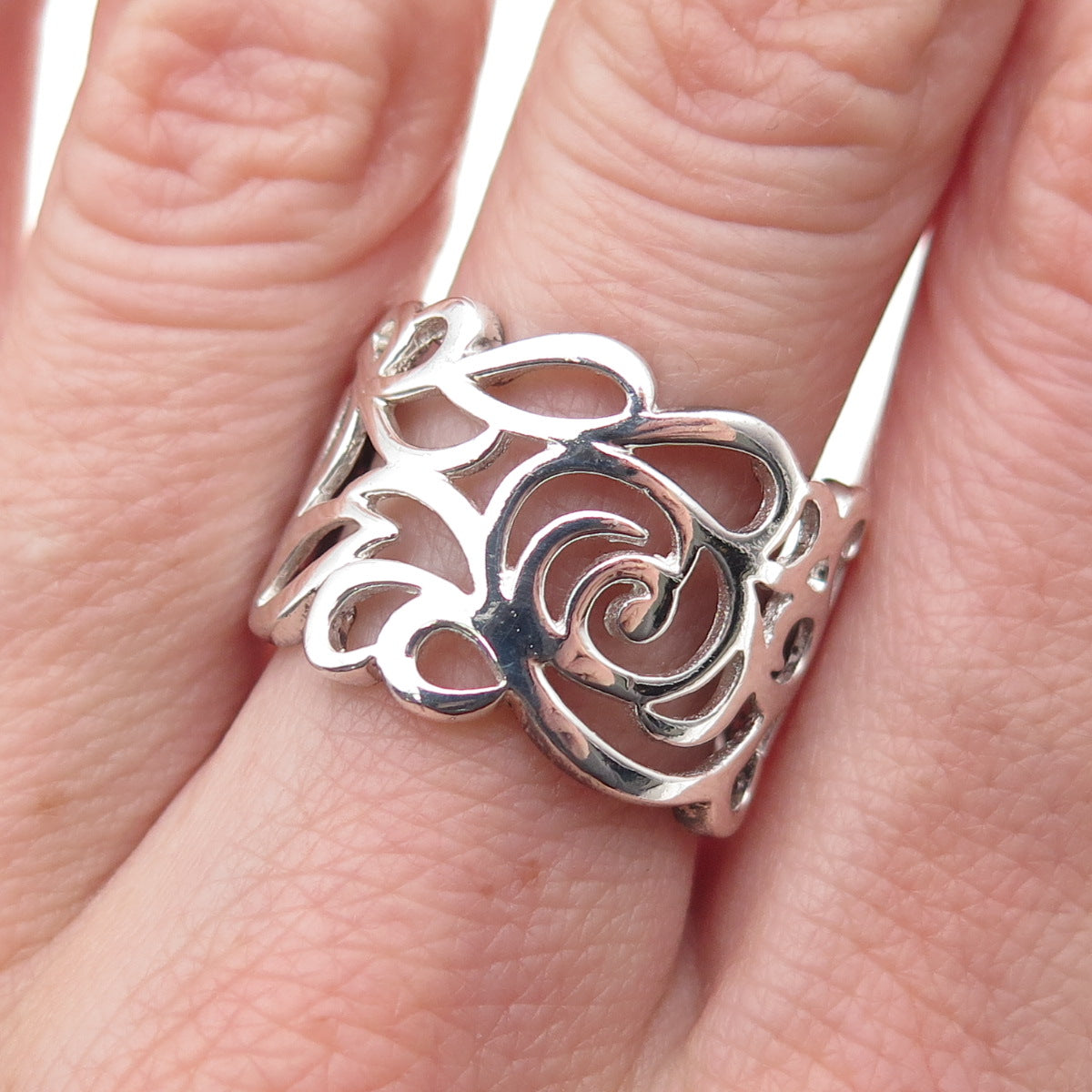 925 Sterling Silver Vintage Modernist Rose Flower Ring Size 7.25