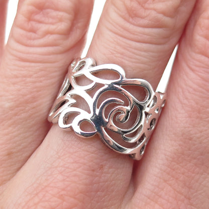 925 Sterling Silver Vintage Modernist Rose Flower Ring Size 7.25