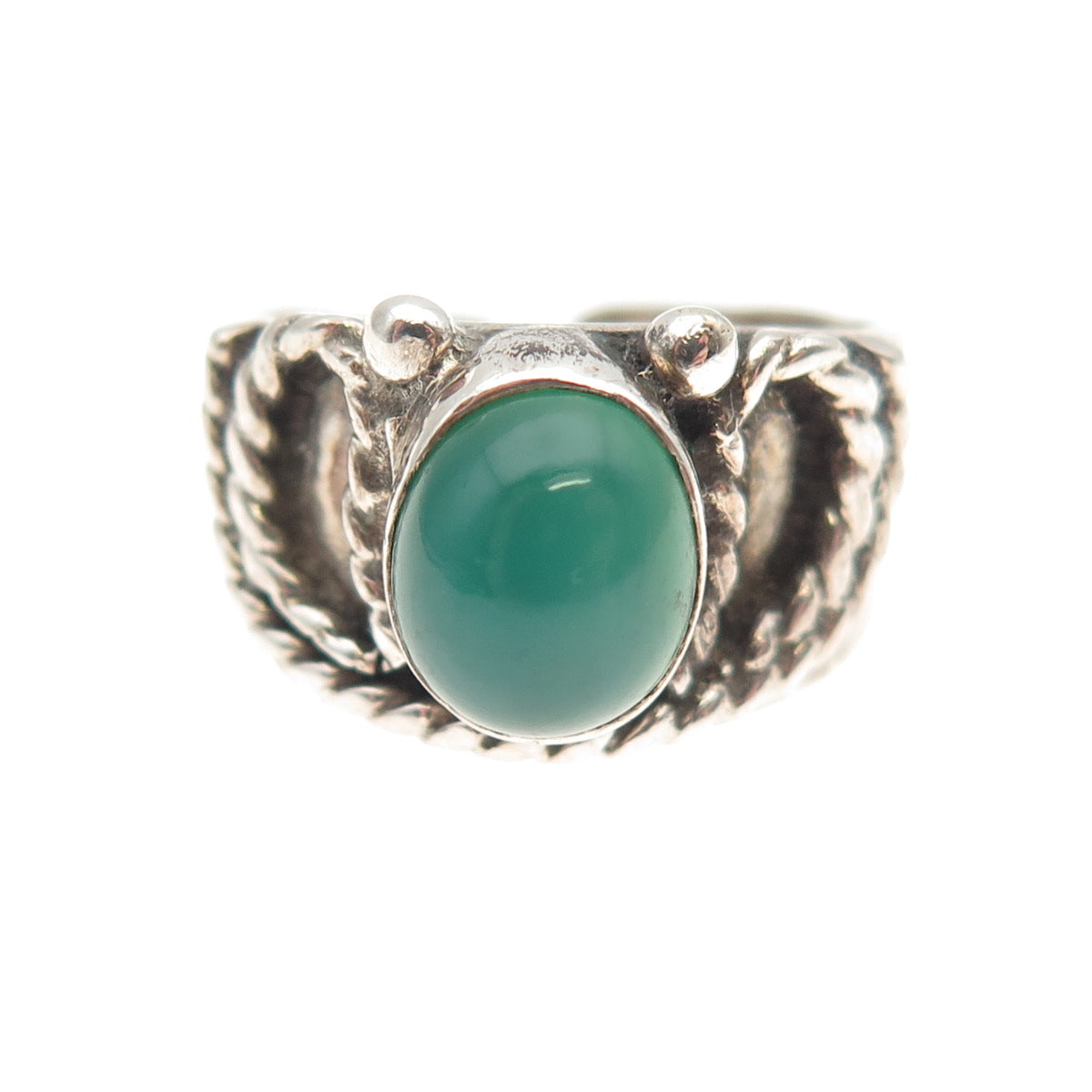 925 Sterling Silver Vintage Real Green Onyx Oxidized Adjustable Ring Size 7.75