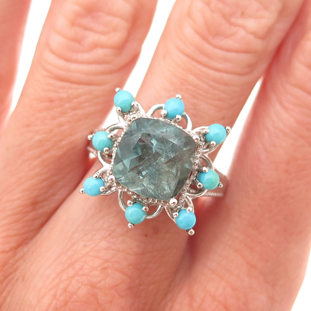 Chuck Clemency 925 Sterling Silver Real Aquamarine & Turquoise Ring Size 8