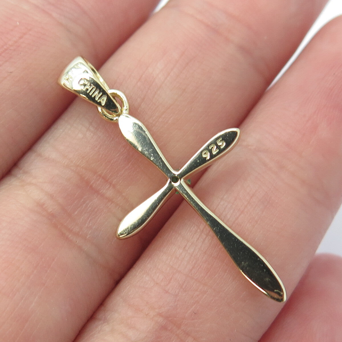 HAN 925 Sterling Silver Gold Plated Green C Z Cross Pendant