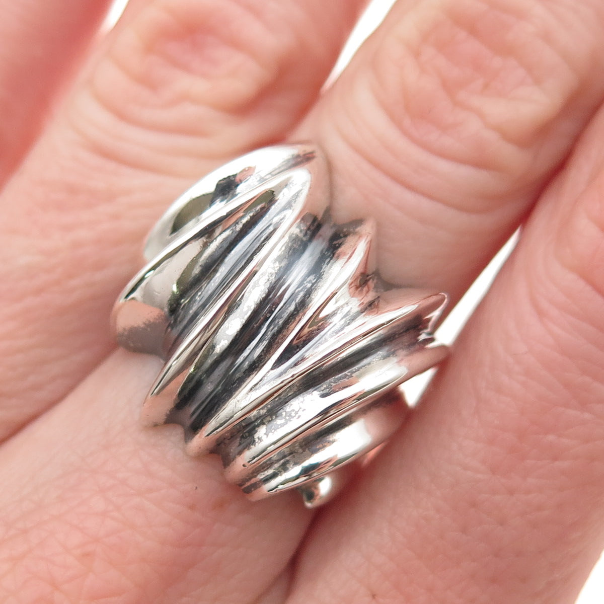 925 Sterling Silver Vintage Mexico Modernist Ribbed Oxidized Ring Size 6.25
