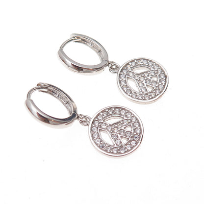 925 Sterling Silver Round-Cut C Z Peace Symbol Dangle Earrings