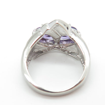 925 Sterling Silver Real Opal Amethyst & C Z Cocktail Ring Size 6