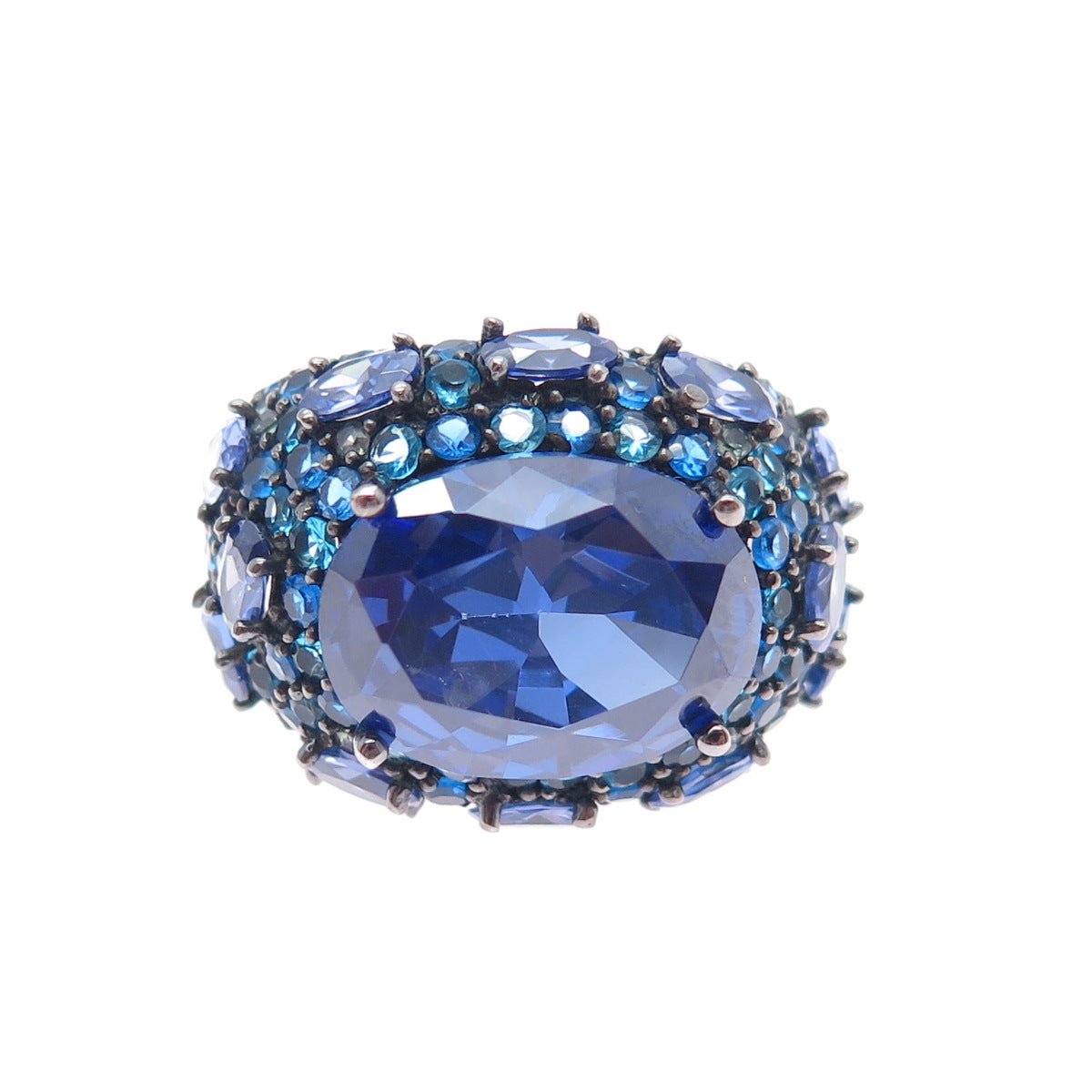 FADI 925 Sterling Silver Oval & Round-Cut Blue C Z Cluster Ring Size 8