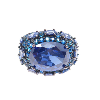 FADI 925 Sterling Silver Oval & Round-Cut Blue C Z Cluster Ring Size 8