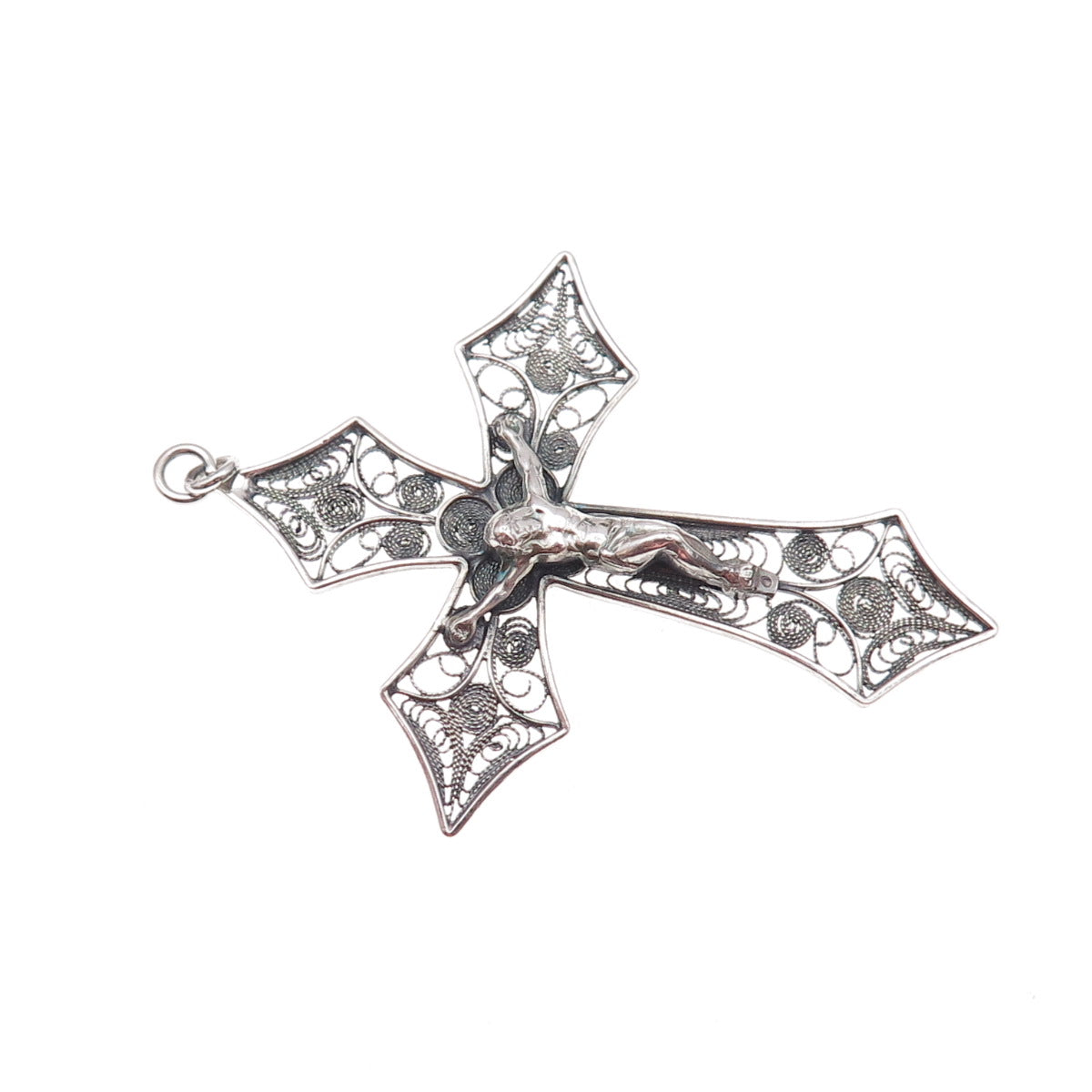 800 Silver Vintage Italy Crucifix Cross Filigree Oxidized Pendant