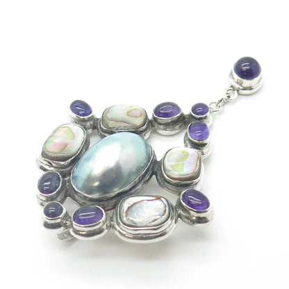 925 Sterling Silver Vintage Real Amethyst Pearl Abalone Shell Large Pendant
