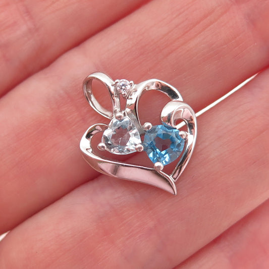925 Sterling Silver Real Swiss Blue Topaz & C Z Heart Mini Charm Pendant