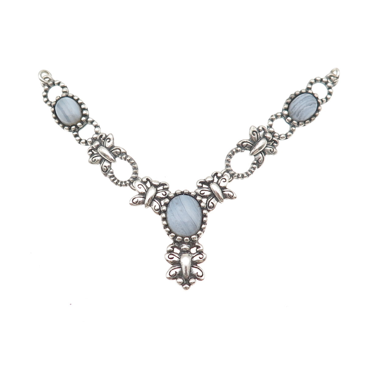 Carolyn Pollack Sterling Vintage Real Lace Agate Butterfly Necklace Centerpiece