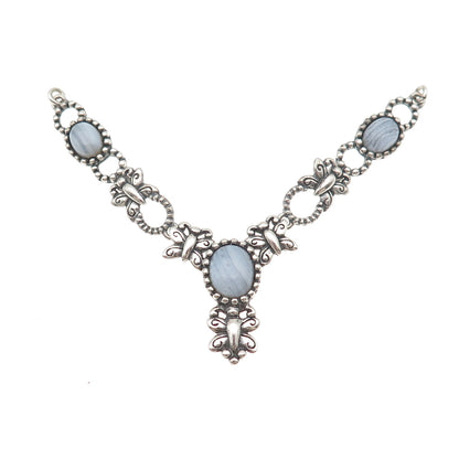 Carolyn Pollack Sterling Vintage Real Lace Agate Butterfly Necklace Centerpiece