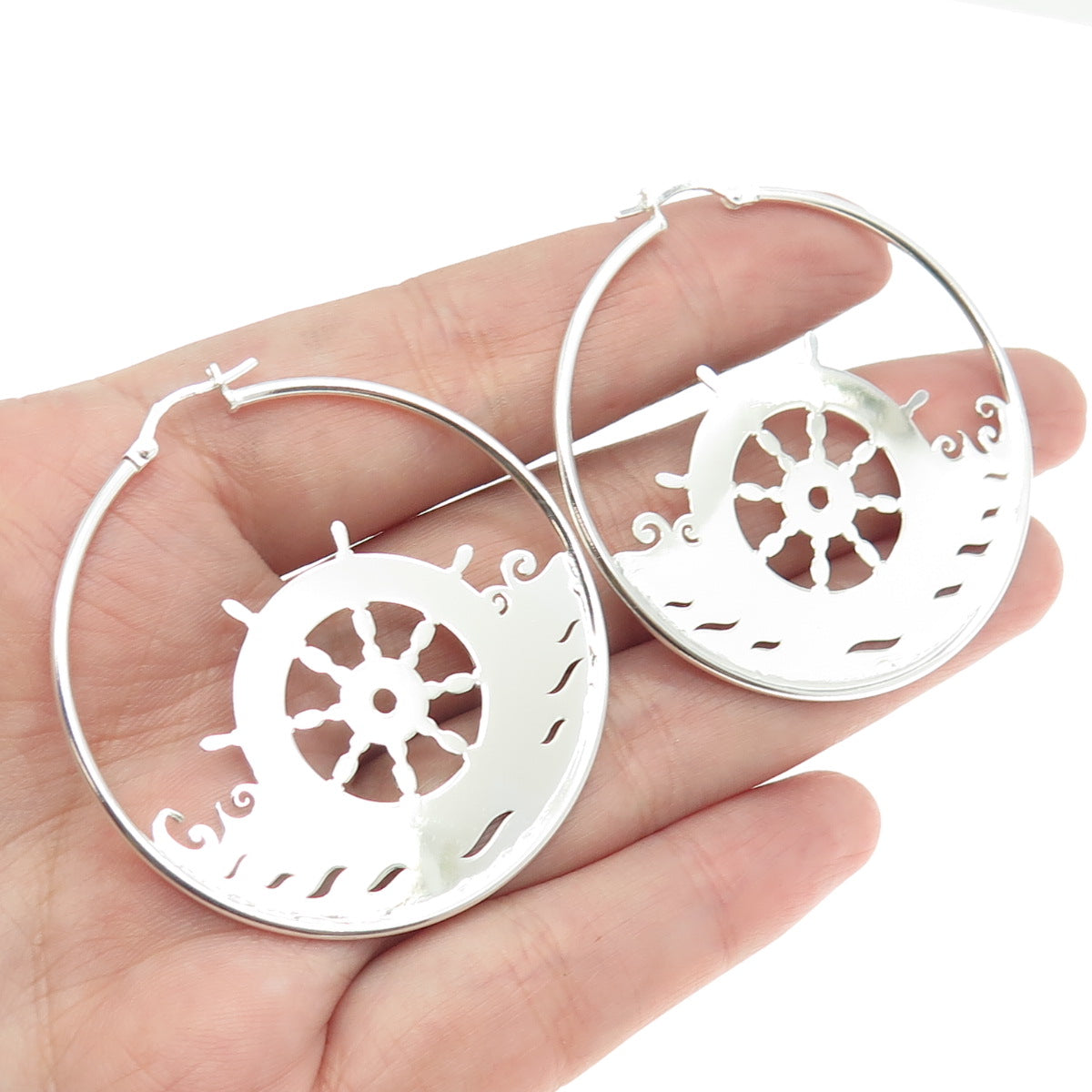 925 Sterling Silver Ship Wheel Ocean Wave Hoop Earrings