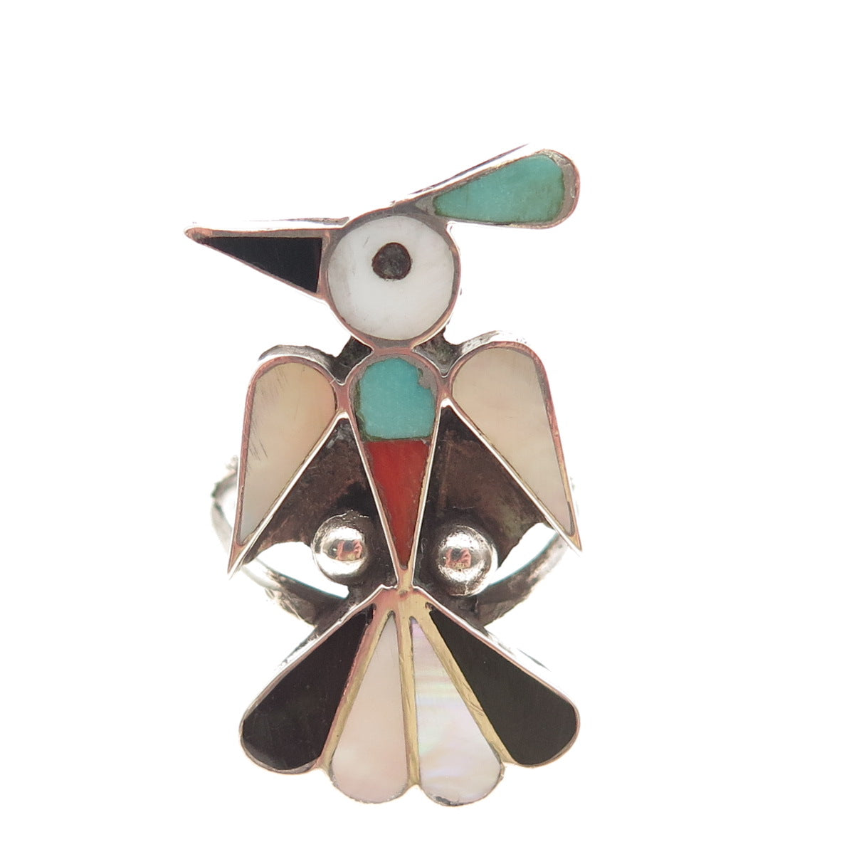 RX ZUNI Old Pawn 925 Sterling Turquoise Coral Onyx & MOP Thunderbird Ring Size 7