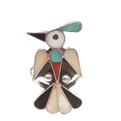 RX ZUNI Old Pawn 925 Sterling Turquoise Coral Onyx & MOP Thunderbird Ring Size 7