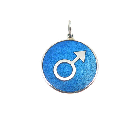 925 Sterling Silver Blue Enamel Male Symbol Round Tag Minimalist Charm Pendant