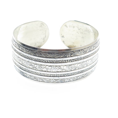 925 Sterling Silver Antique Art Deco Floral Leaf Adjustable Cuff Bracelet 7"