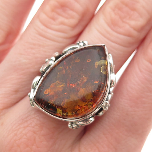 925 Sterling Silver Vintage Real Amber Modernist Floral Oxidized Ring Size 8