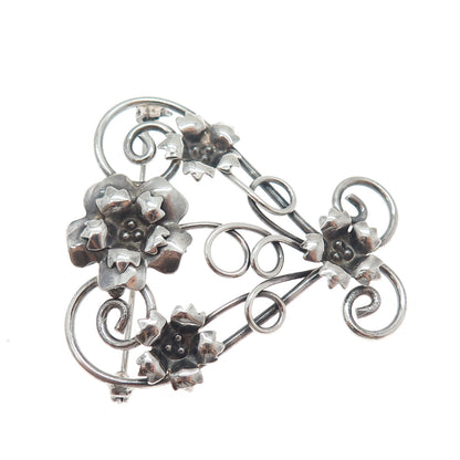 LE GRO 925 Sterling Silver Antique Art Deco Flower Heart Oxidized Pin Brooch