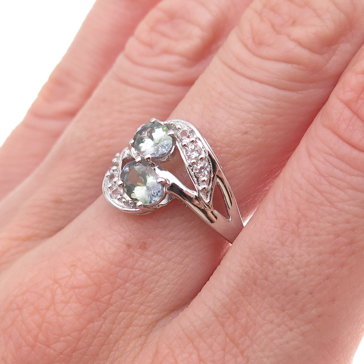 925 Sterling Silver Real Iolite & White Topaz Bypass Ring Size 8