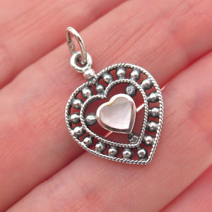 925 Sterling Silver Vintage Real MOP Heart Oxidized Beaded Mini Charm Pendant