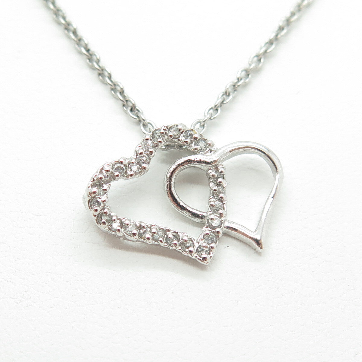 925 Sterling Silver Italy Round-Cut C Z Double Heart Cable Chain Necklace 16"