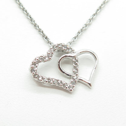 925 Sterling Silver Italy Round-Cut C Z Double Heart Cable Chain Necklace 16"