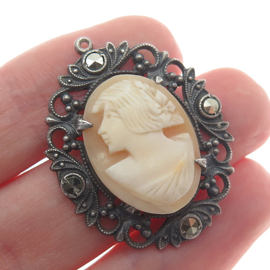 925 Sterling Silver Antique Art Deco Real Carved MOP & Marcasite Cameo Pendant