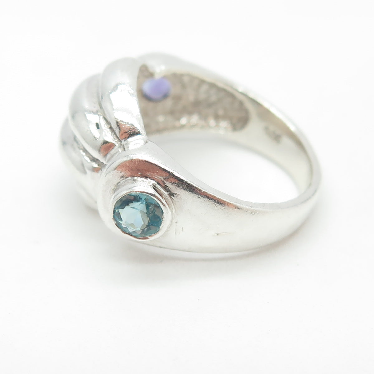 925 Sterling Silver Vintage Real Amethyst & Aquamarine Modernist Ring Size 7.75