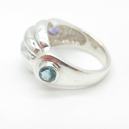 925 Sterling Silver Vintage Real Amethyst & Aquamarine Modernist Ring Size 7.75