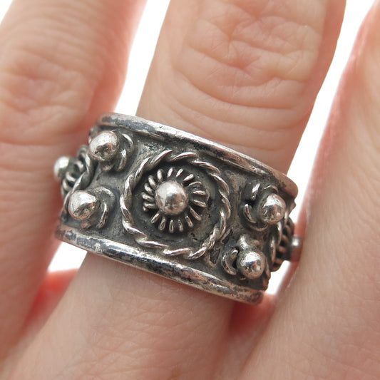 925 Sterling Vintage Mexico Cannetille Floral Oxidized Band Ring Size 8.25