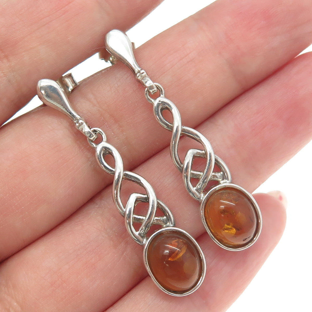 925 Sterling Silver Vintage Real Amber Celtic Trinity & Infinity Knot Earrings