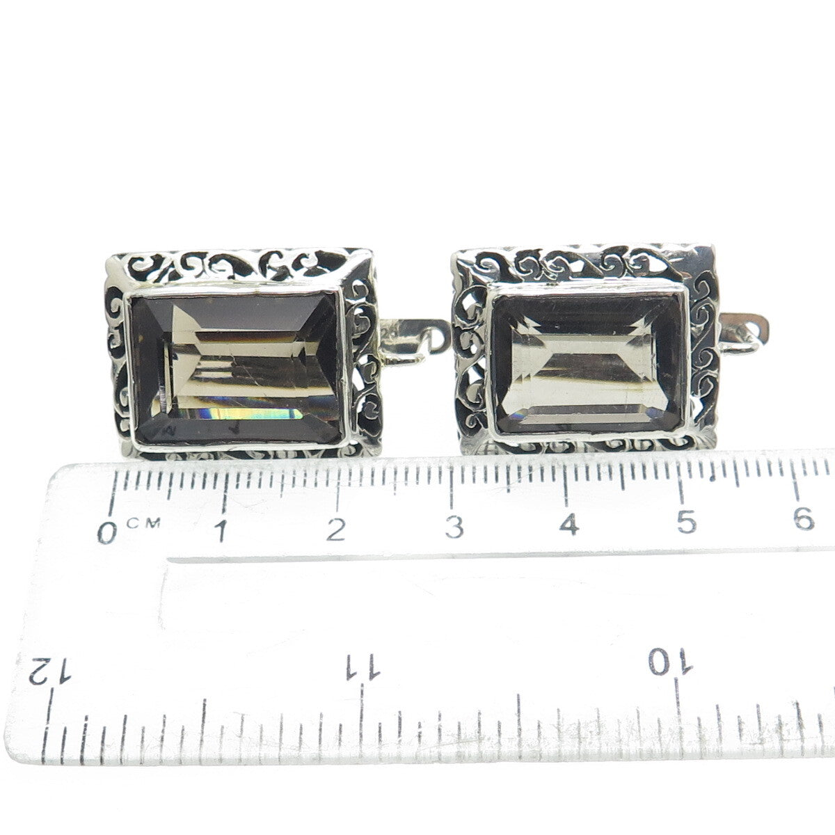 925 Sterling Silver Vintage Real Emerald-Cut Smoky Quartz Ornate Swirl Earrings