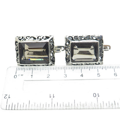 925 Sterling Silver Vintage Real Emerald-Cut Smoky Quartz Ornate Swirl Earrings