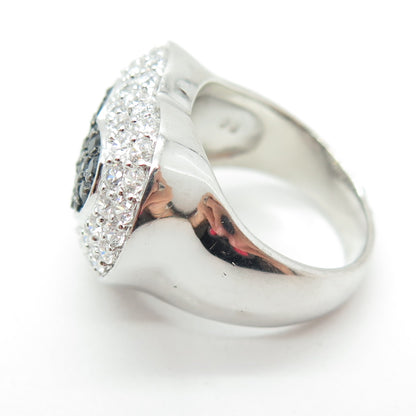 925 Sterling Silver Real Round-Cut Black Spinel & C Z Heart Ring Size 7.5