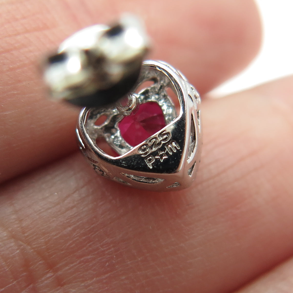 925 Sterling Silver Lab-Created Ruby Heart Stud Earrings