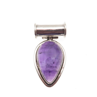 925 Sterling Silver Vintage Real Amethyst Modernist Oxidized Slide Pendant